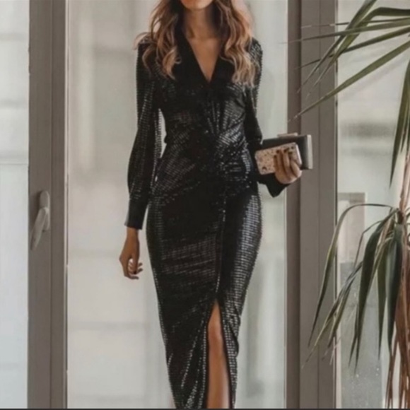 Zara Dresses & Skirts - ZARA Black Sparkly Shirt ‎ Long Sleeve Dress